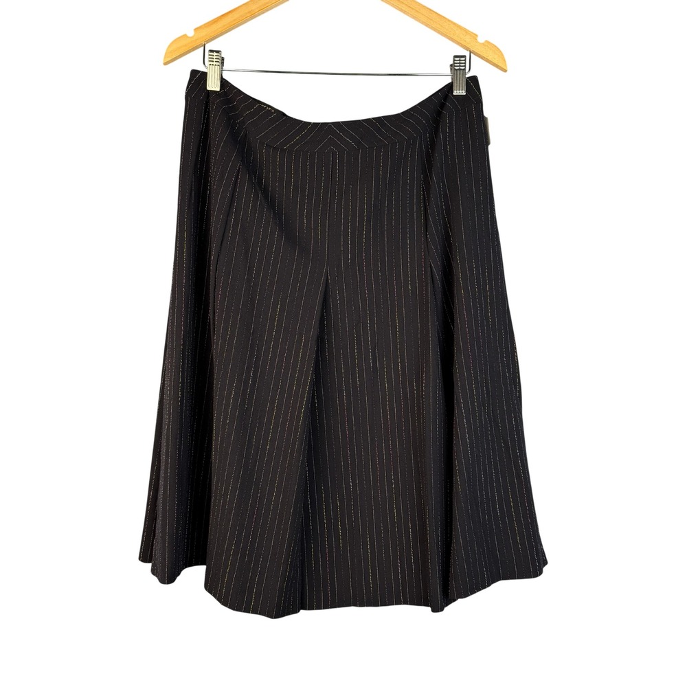 Escada Skirt 42 Black A-Line Wool Blend Rainbow Pinstripe Midi Office Minimalist - Picture 8 of 10